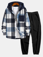 Relax Fit Flannel Plaid Corduroy Patchwork Hooded Shirt & Corduroy Jogger Pants