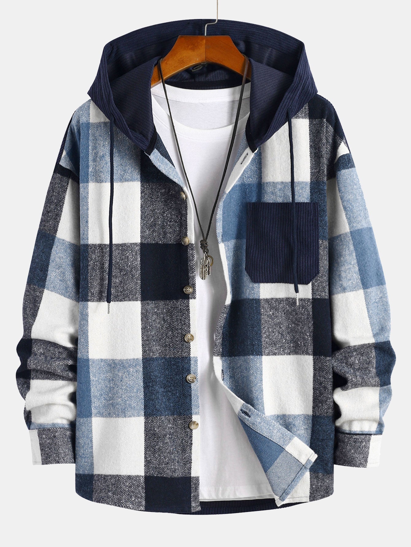 Relax Fit Flannel Plaid Corduroy Patchwork Hooded Shirt & Corduroy Jogger Pants