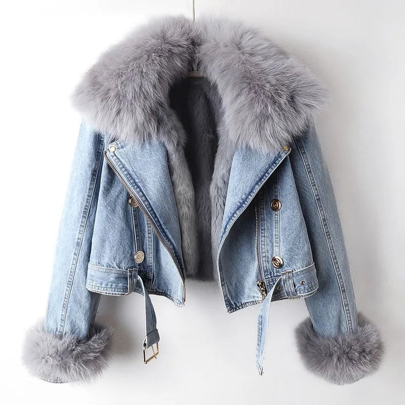 Margaux - Luxe Lined Fox Fur Denim Coat